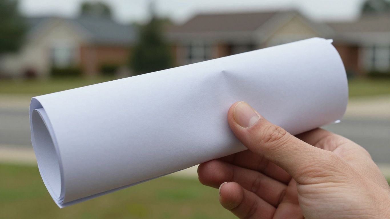 Hand holding a legal document near a house.