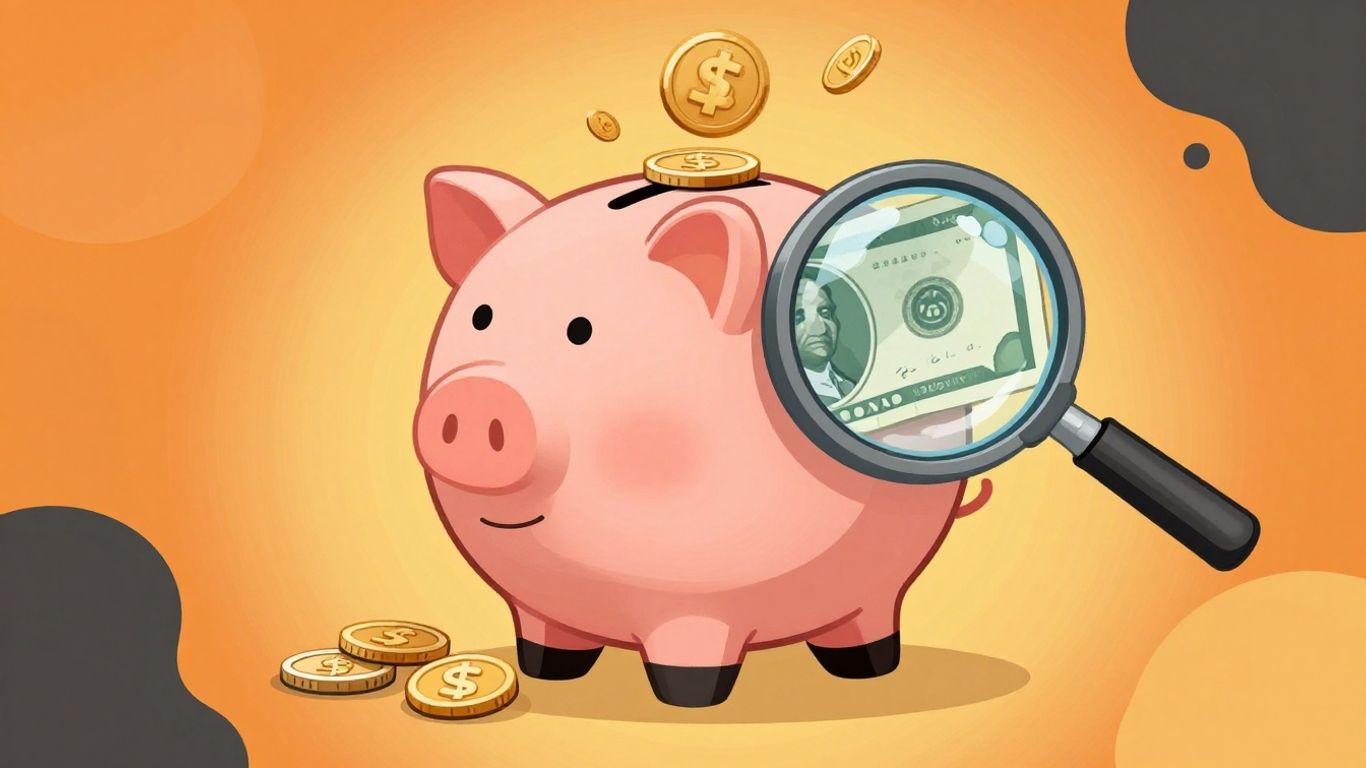 Cartoon piggy bank and magnifying glass over dollar bill.