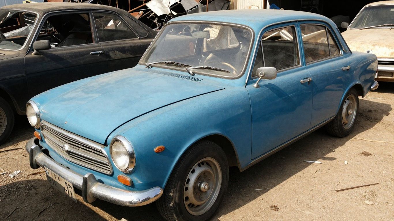 A dusty old blue sedan parked in a scrapyard