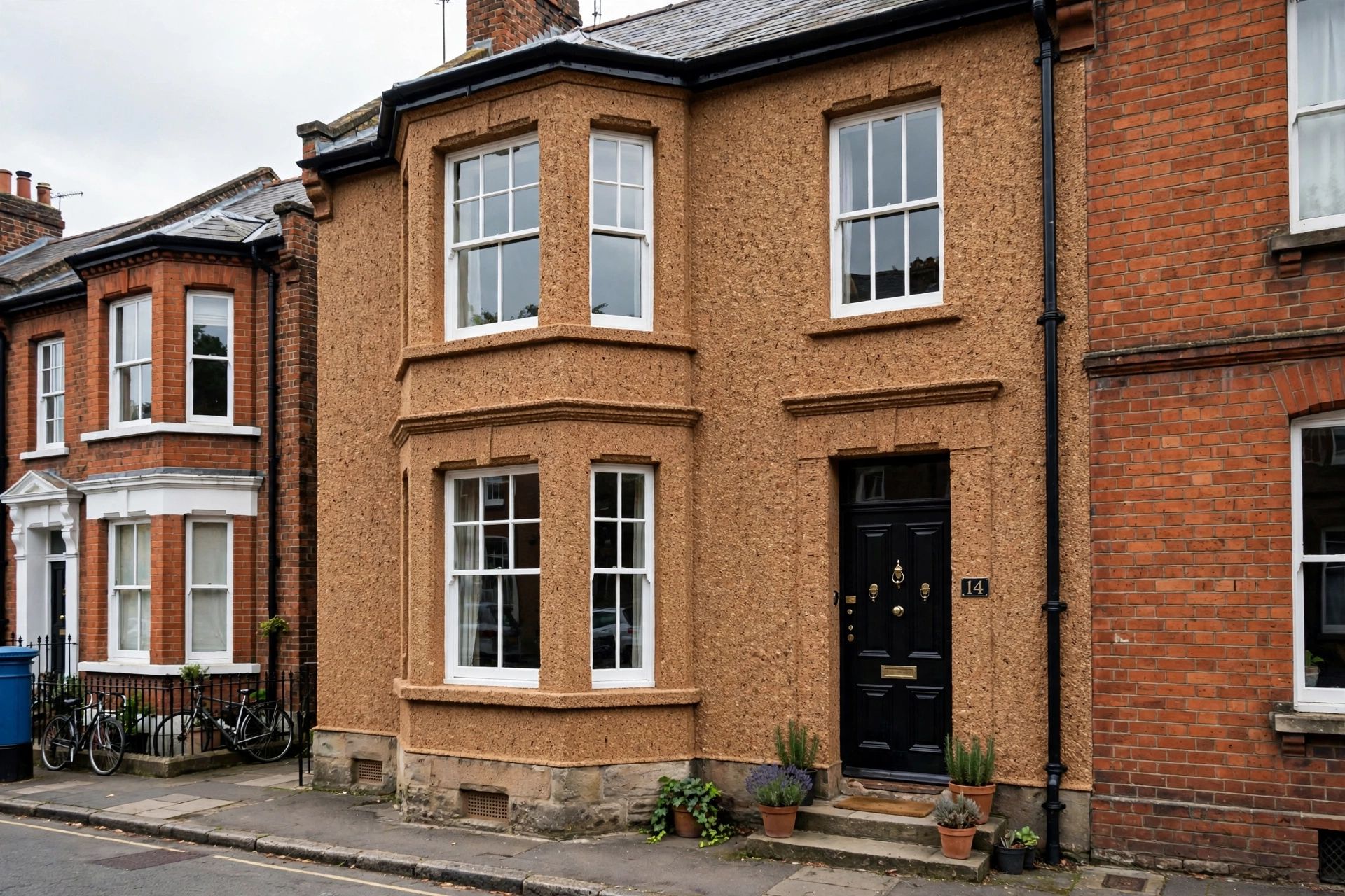 A breathable textured cork coating across the exterior wall of a traditional Bristol home