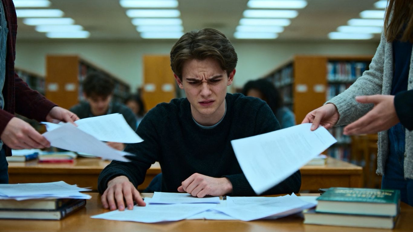 Student overwhelmed by classmates offering unwanted help.