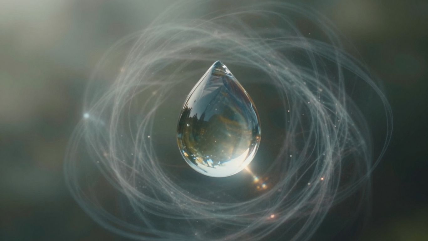 Ethereal water droplet with swirling healing energies.