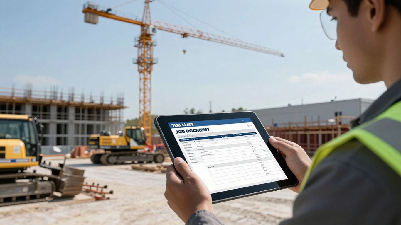 Crane hire job docket app on tablet at construction site.