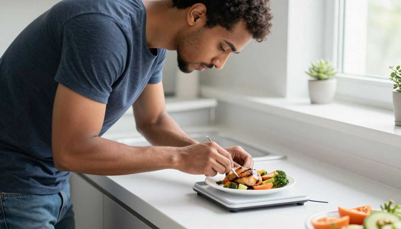 A fit man in his late 30s with a diverse ethnic background, seen from the side, carefully measuring a portion of grilled chicken and vegetables onto a food scale in a clean, modern kitchen with natural light.