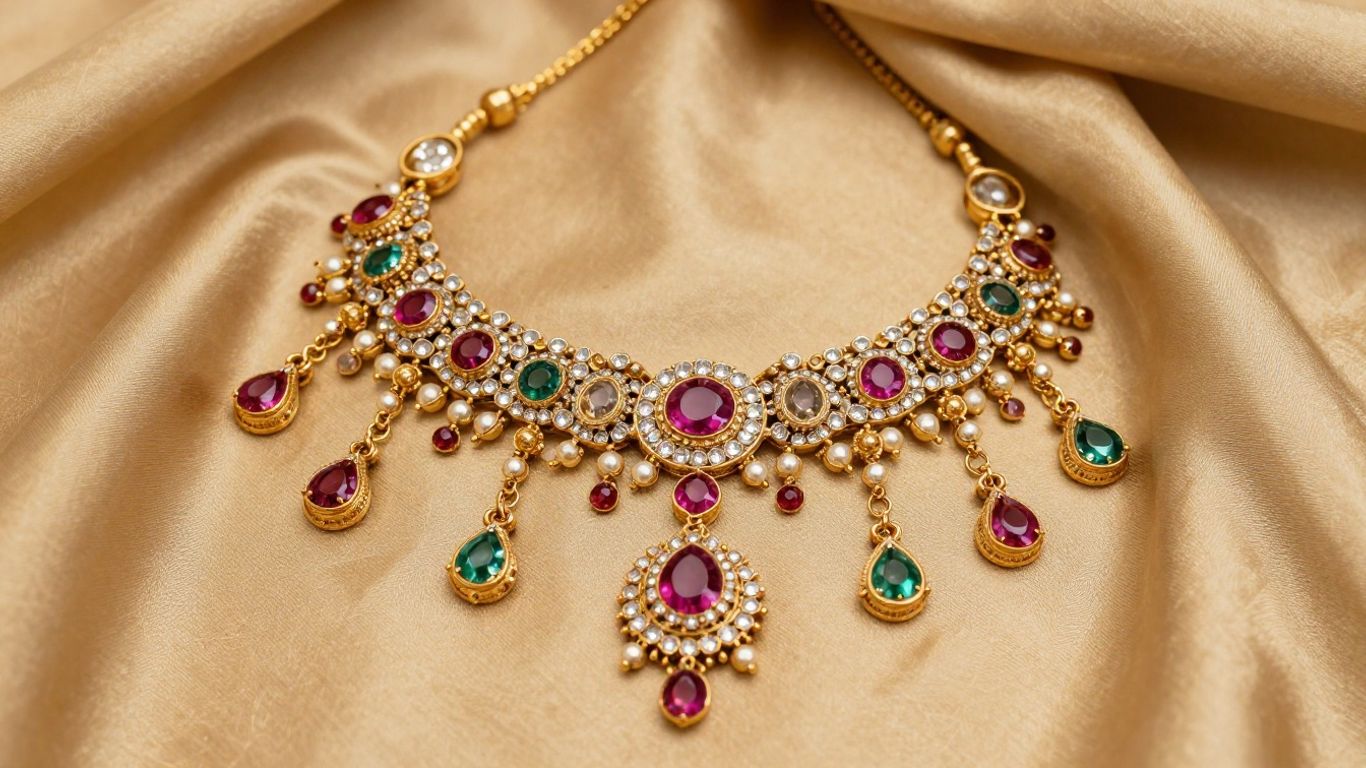 Gold jewellery and gemstones on silk fabric