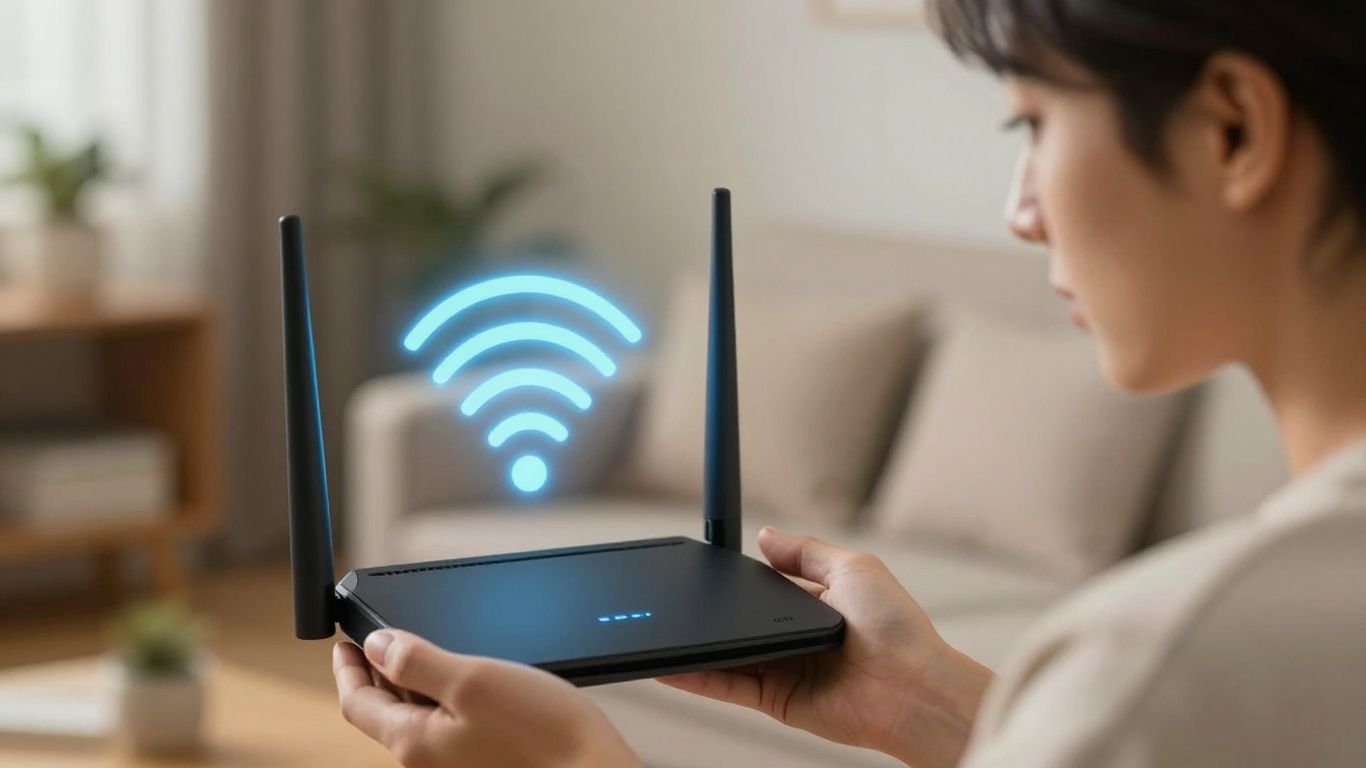 Personne tenant une box internet avec un signal Wi-Fi