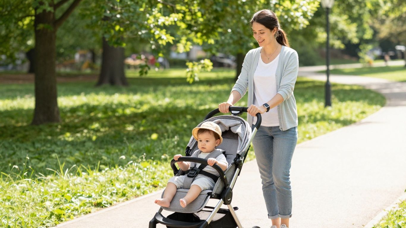 Mother and baby enjoying a walk in the park.
