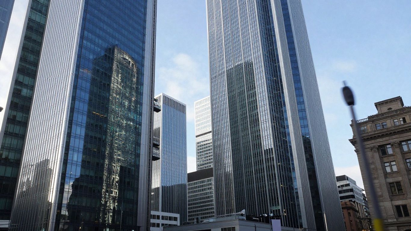 Europäische Finanzmetropole mit Wolkenkratzern und Finanzmarkt-Symbolik.