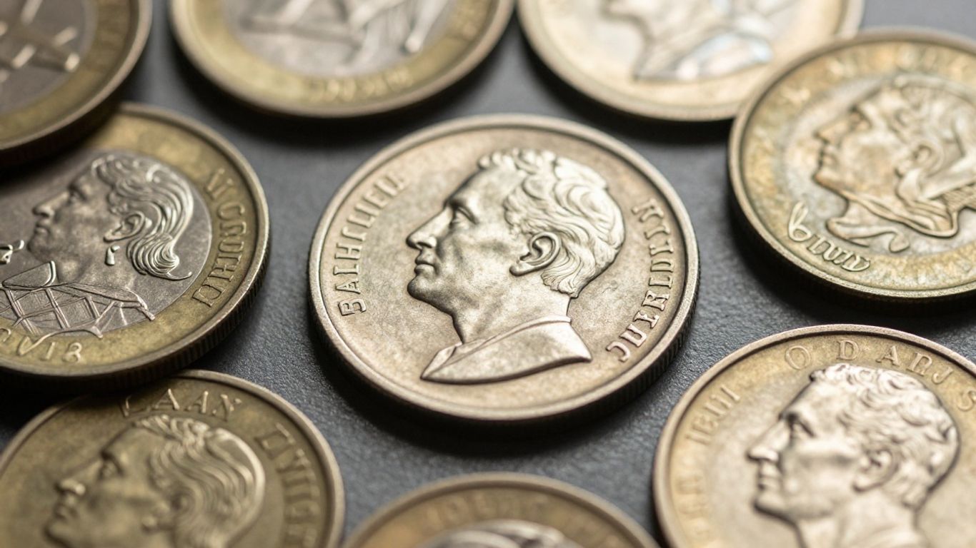 Close-up of various coins with detailed designs.