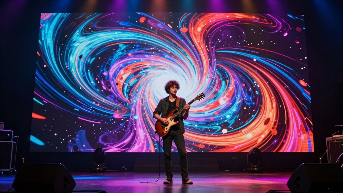 Indie musician with AI art visuals on stage.
