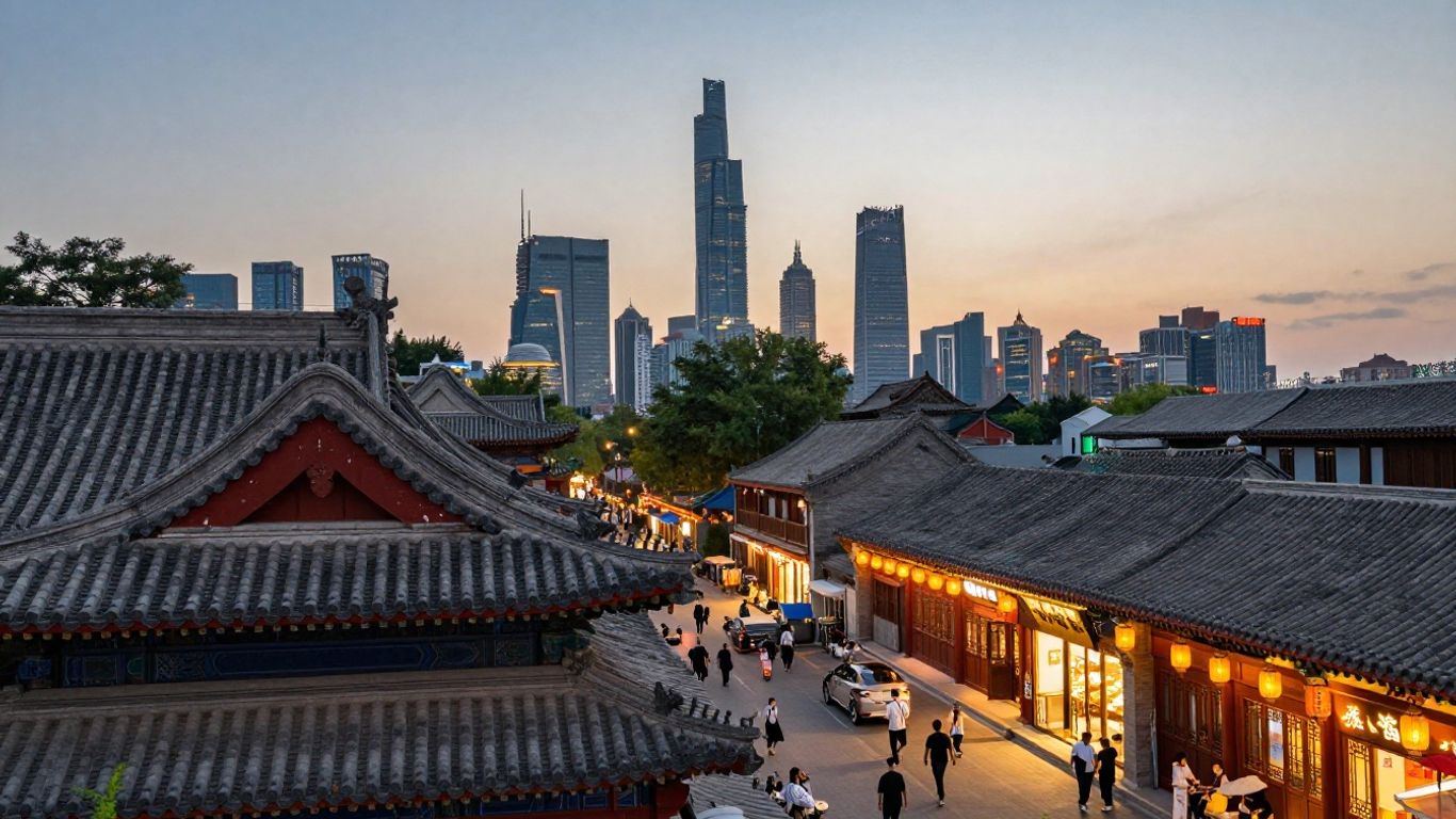 Traditional Chinese architecture beside modern skyline