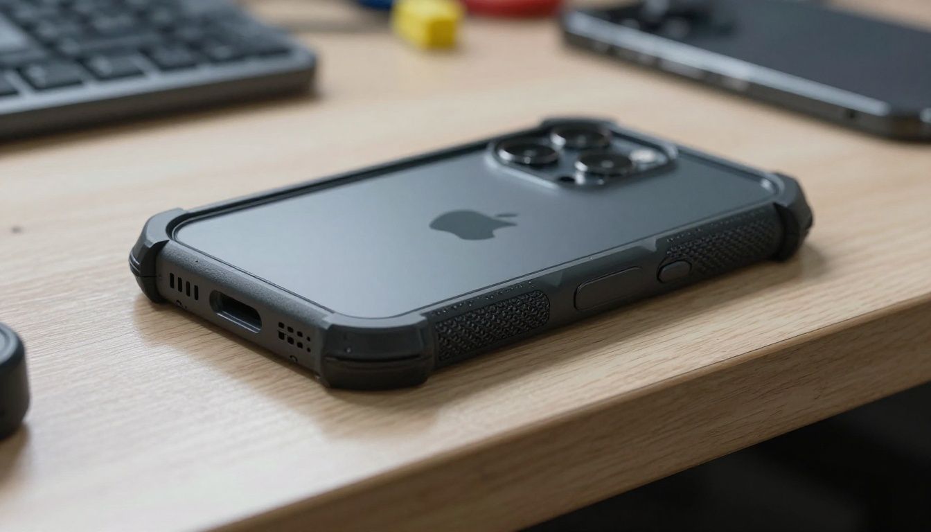 Close-up of an iPhone 16 Pro Max in a rugged case resting on a workbench in a garage, showing its textured grip and reinforced corners.