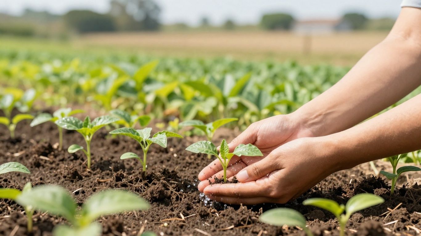 Hands watering young plants in a garden.