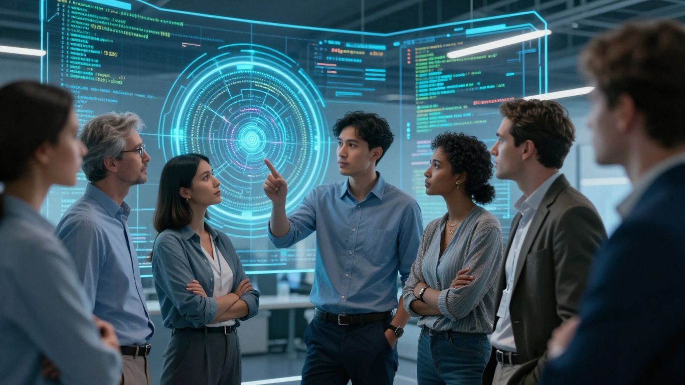 Fractional AI engineers collaborating on a futuristic tech project.