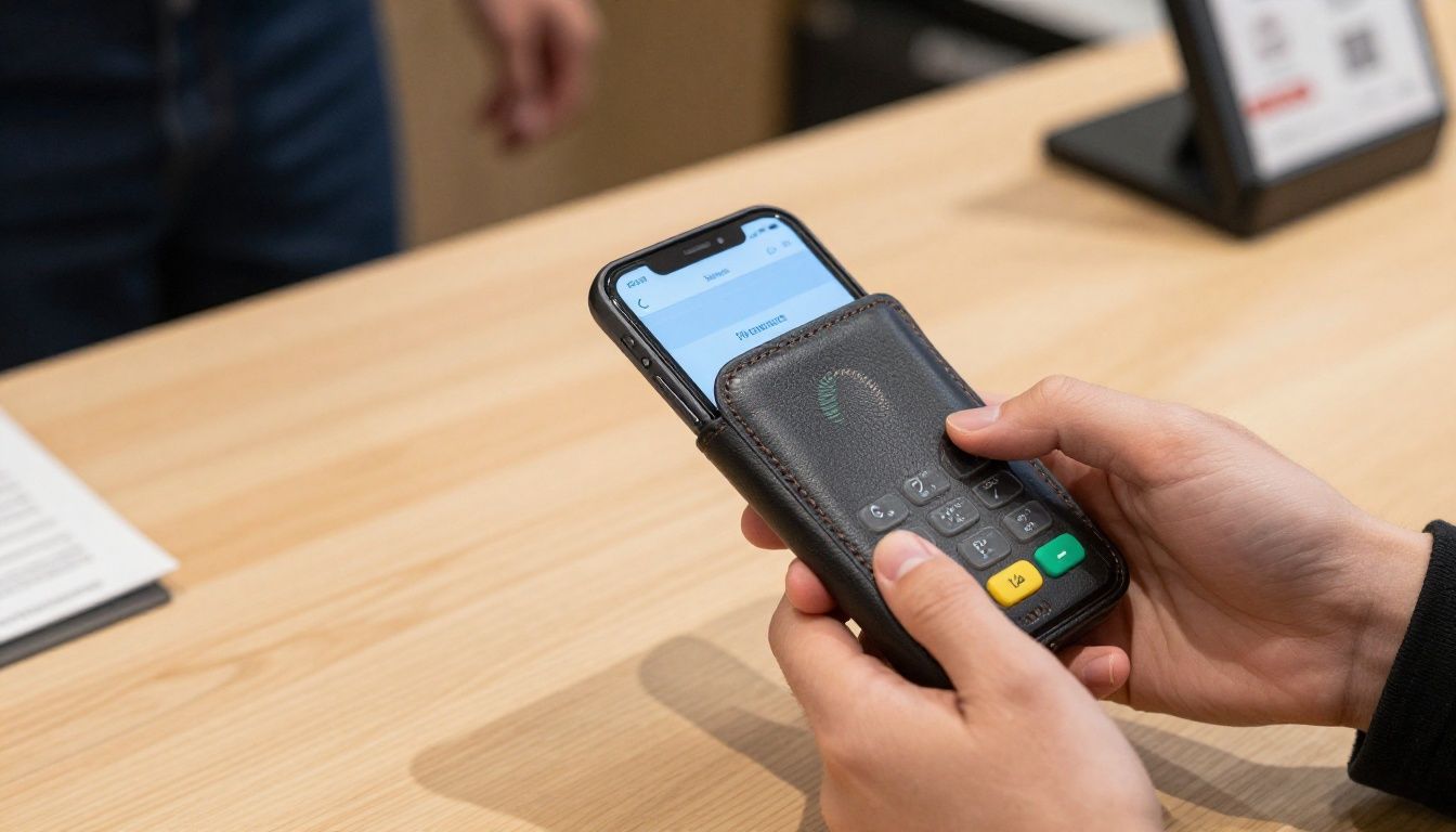 A person tapping their iPhone 17 in a leather wallet case to pay at a cafe counter in Melbourne.