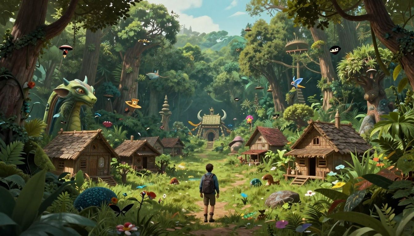 Paisagem fantástica de SpiritVale com uma vila cercada por florestas mágicas, criaturas espirituais e um aventureiro explorando o mundo