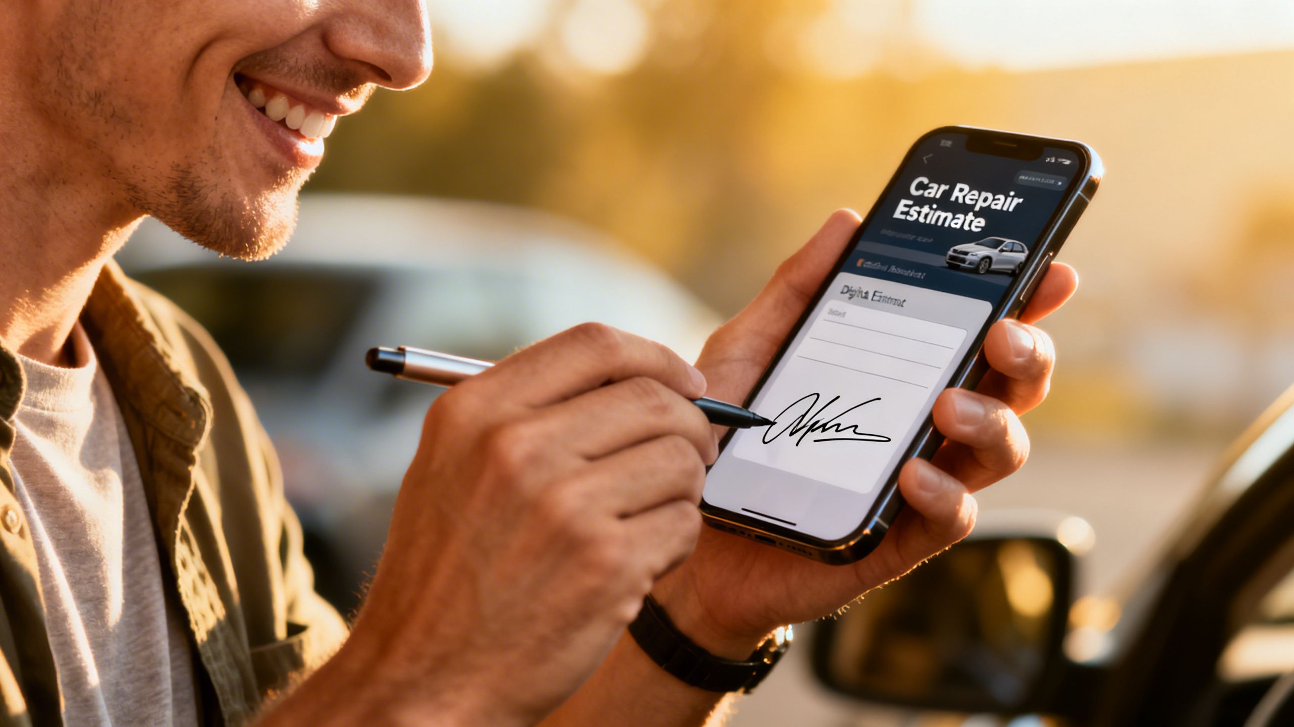 A customer happily signing a digital estimate for a car repair on their smartphone
