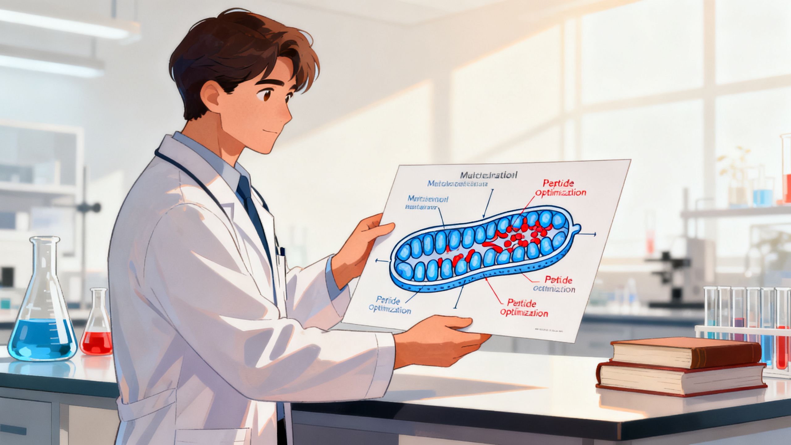 A man looking at a diagram of cellular mitochondria, representing peptide optimization.