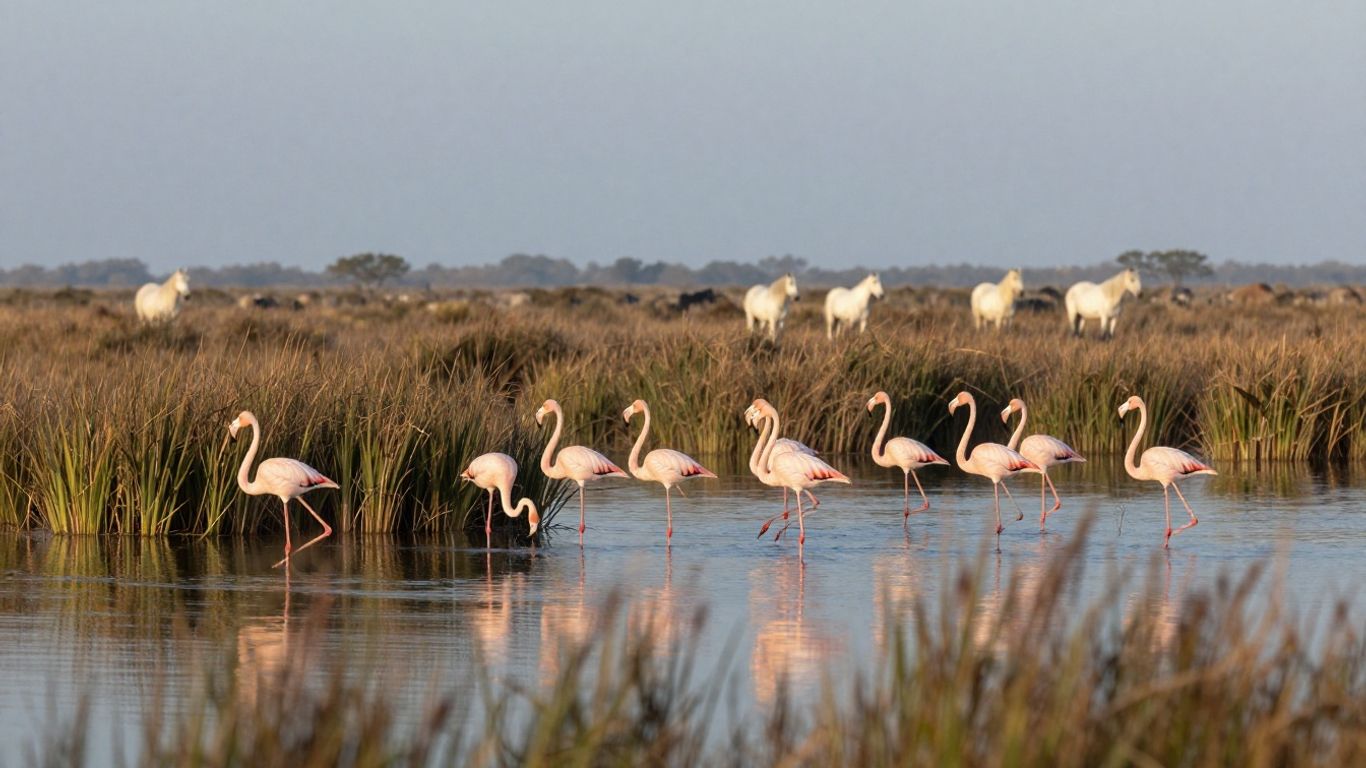 Flamingos across a Camargue wetland at sunrise