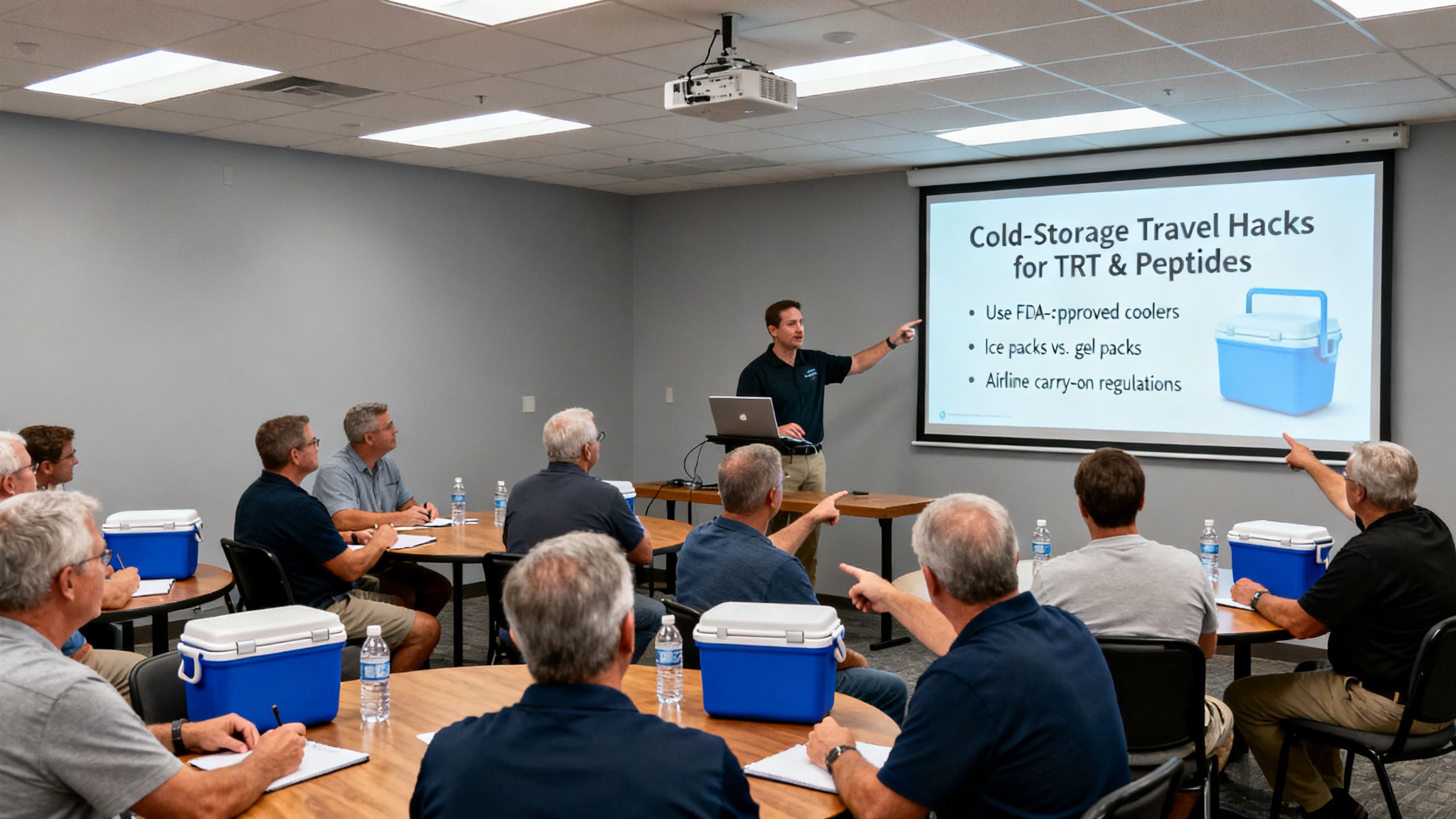 A group of men learning about cold-storage travel hacks for TRT and peptides in a live seminar setting