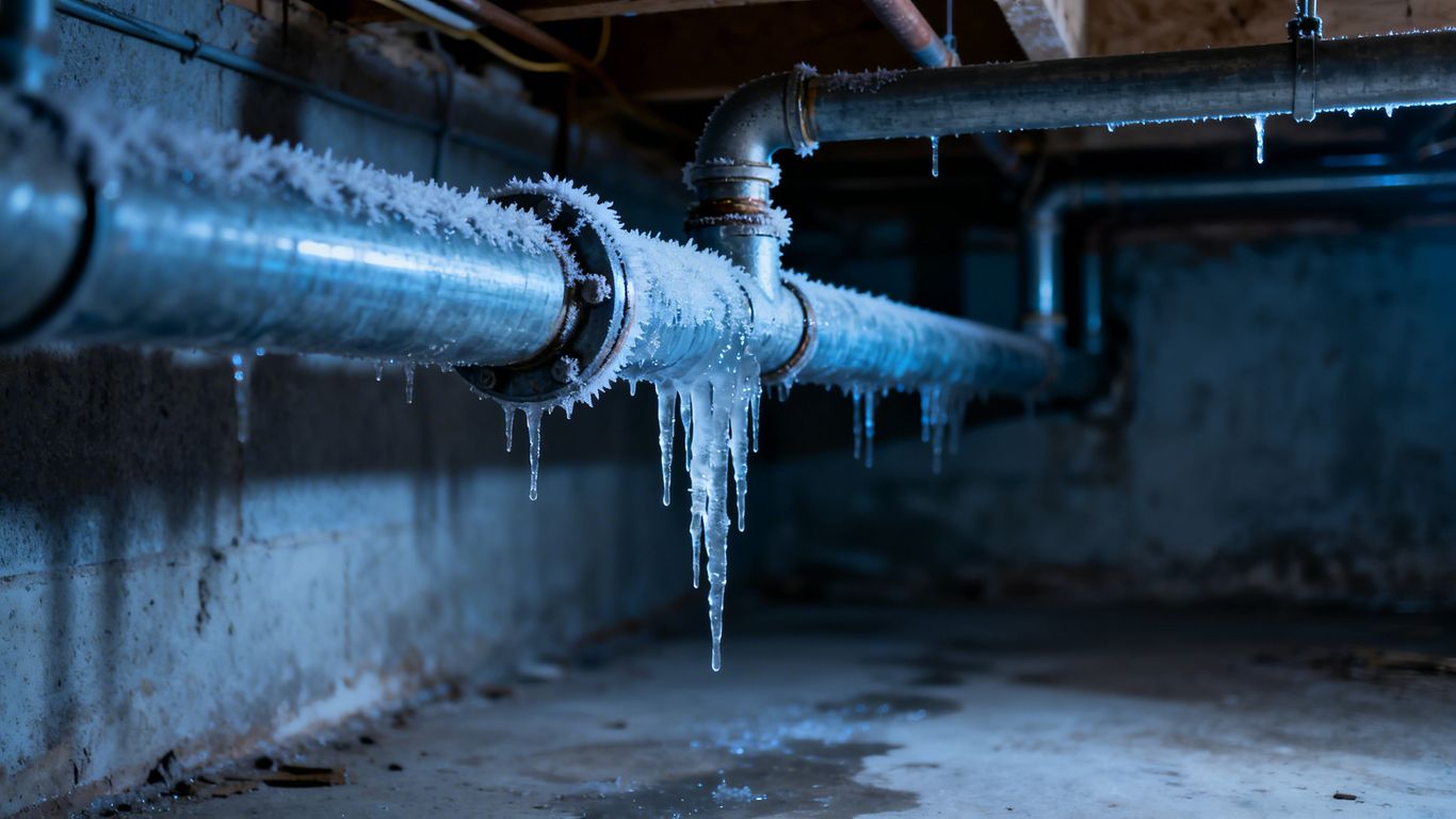 Frozen home plumbing pipes with icicles and frost.