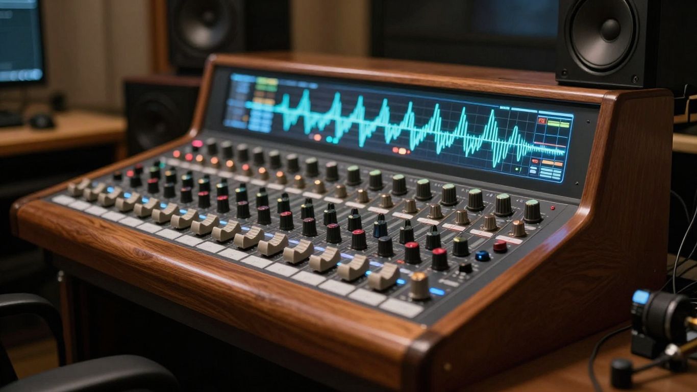 A vintage studio console with glowing audio waveforms
