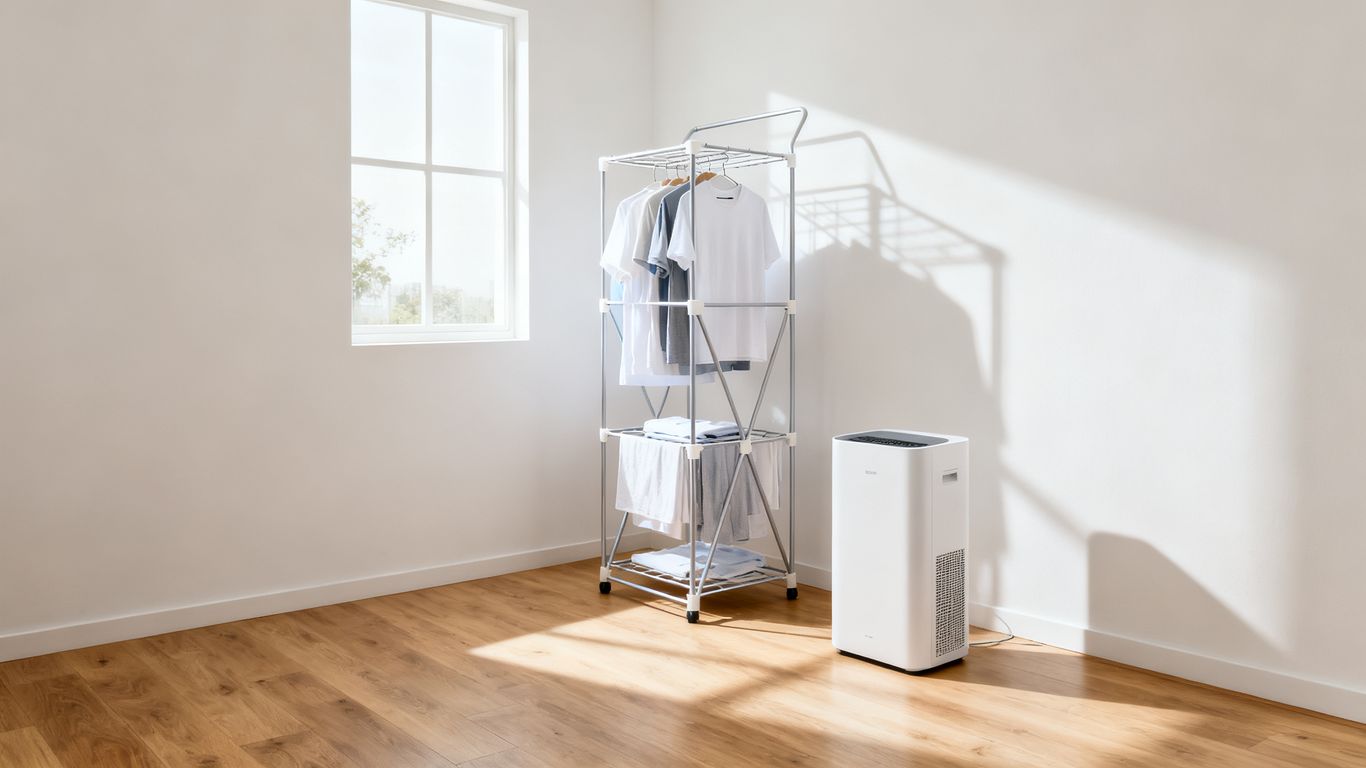 A clothes drying rack positioned near a modern dehumidifier