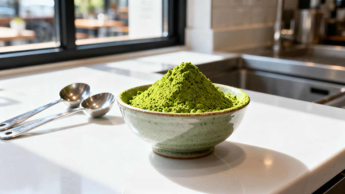 Vibrant green matcha powder in commercial containers