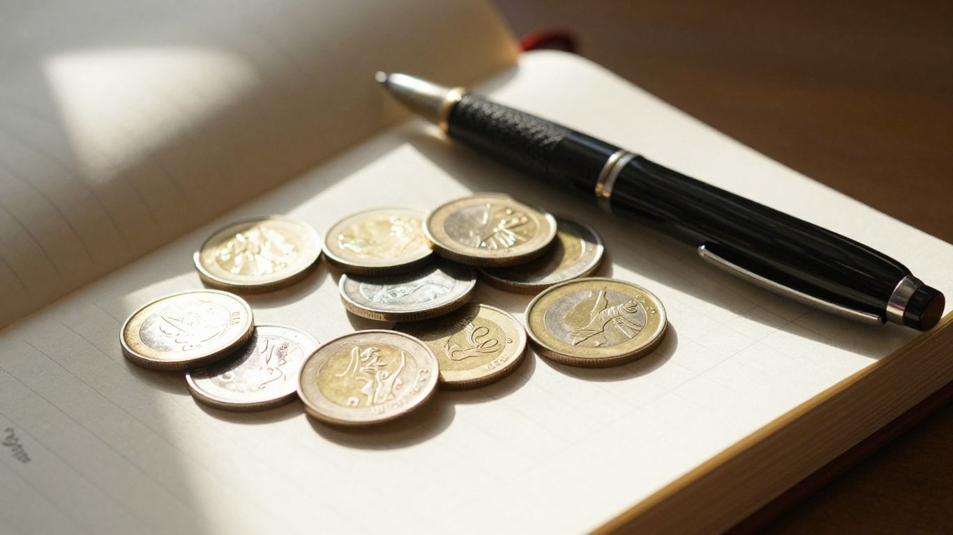 Ledger book with coins and pen, financial accounting concept.