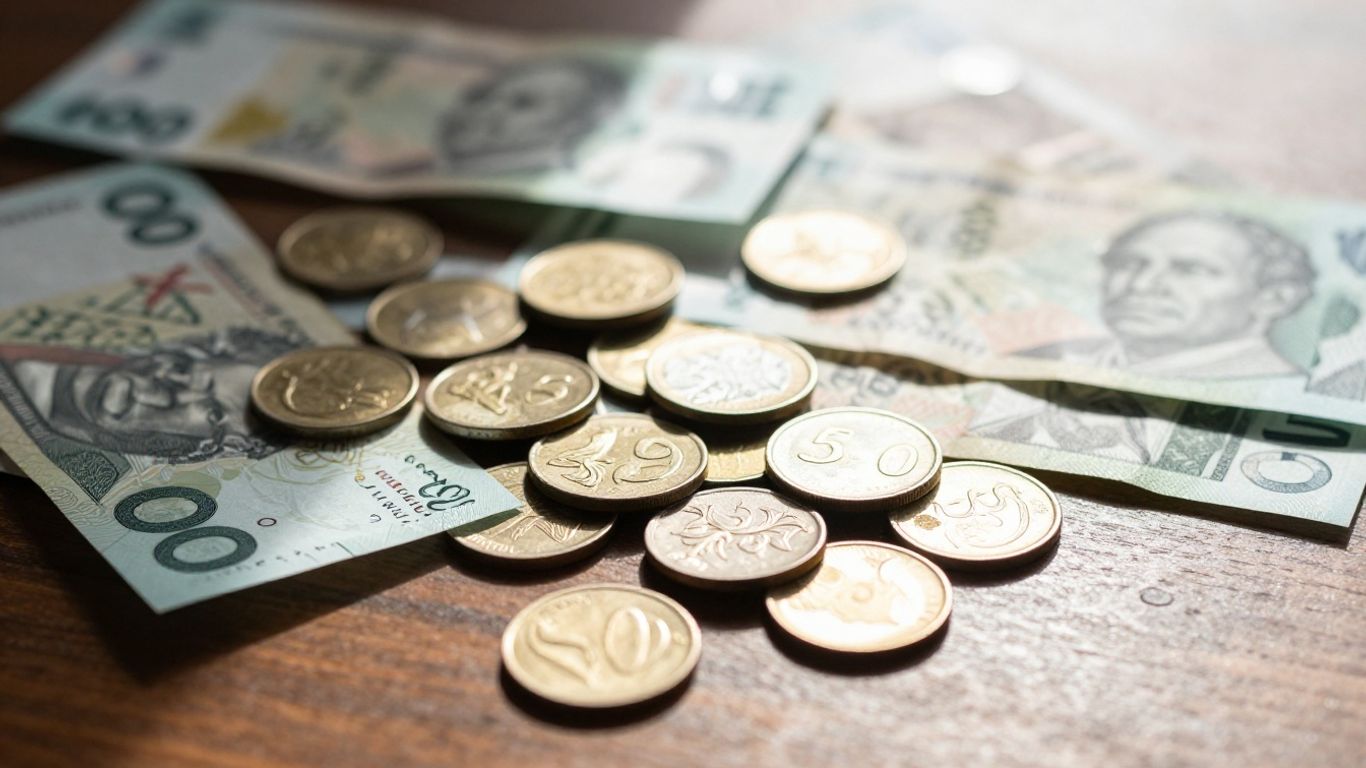 Australian money scattered on a wooden surface.
