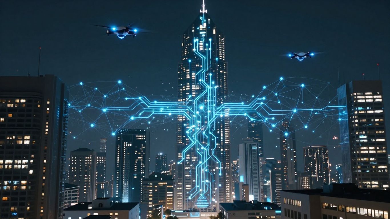 Futuristic cityscape with AI neural networks and drones.