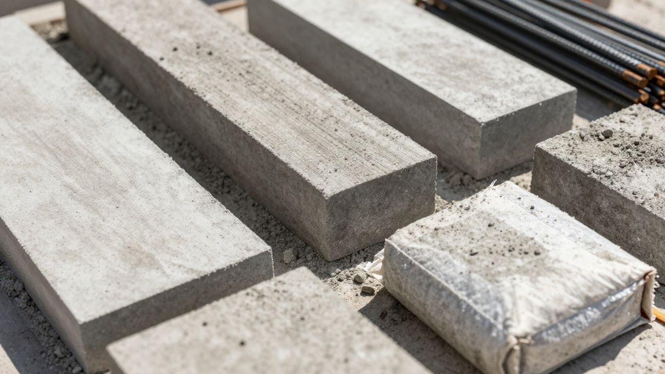 Foundation building materials: concrete, rebar, and cement.