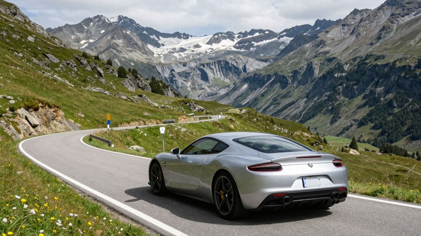 Silbernes Sportcoupé auf Schweizer Passstrasse