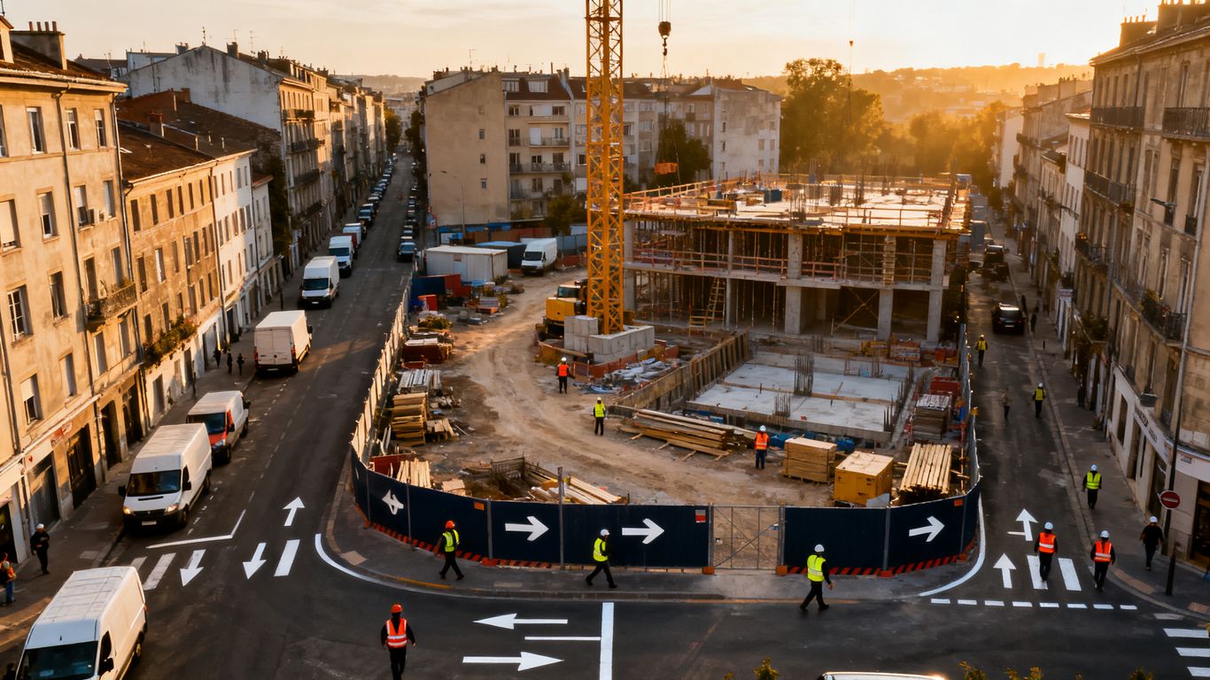 Drone view of a dense construction site