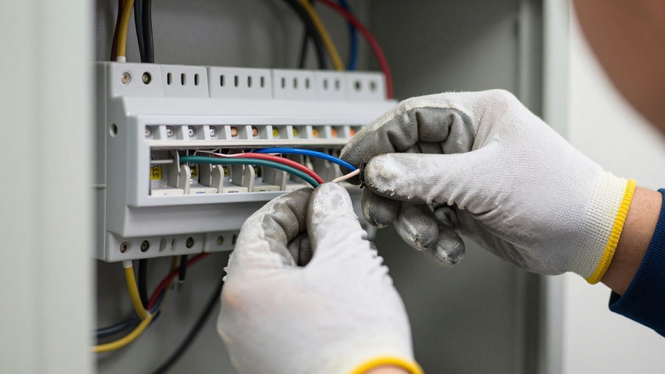Electrician's hands working on home electrical panel wiring.
