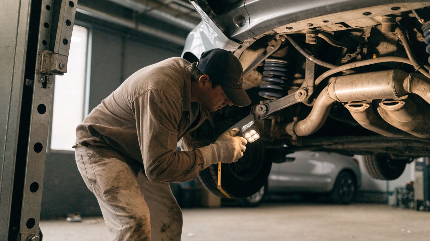 Technician inspecting transmission components in a workshop