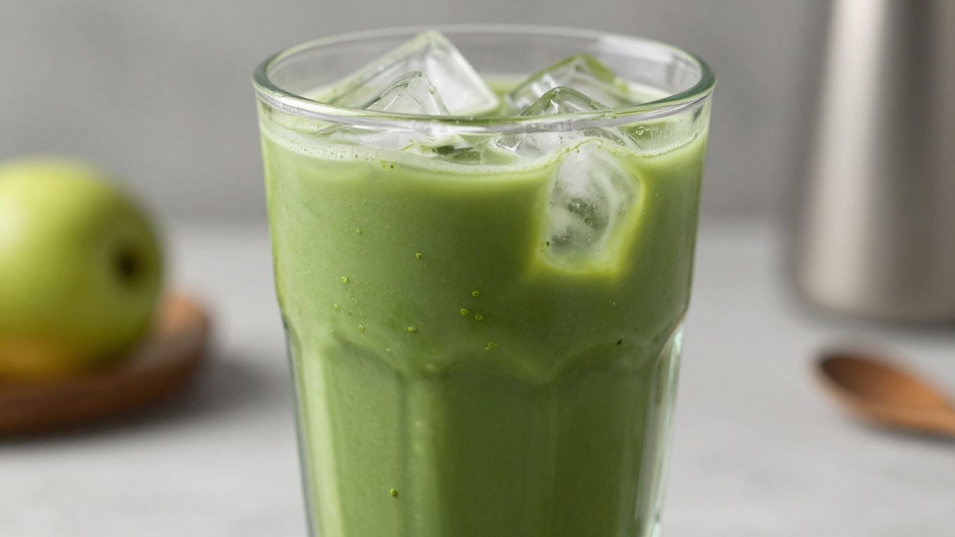 Iced matcha latte with swirling green powder in cold water.