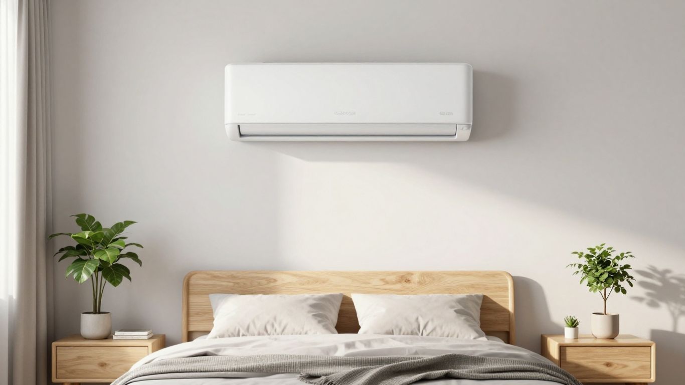 A clean bedroom showing a minimalist air conditioner