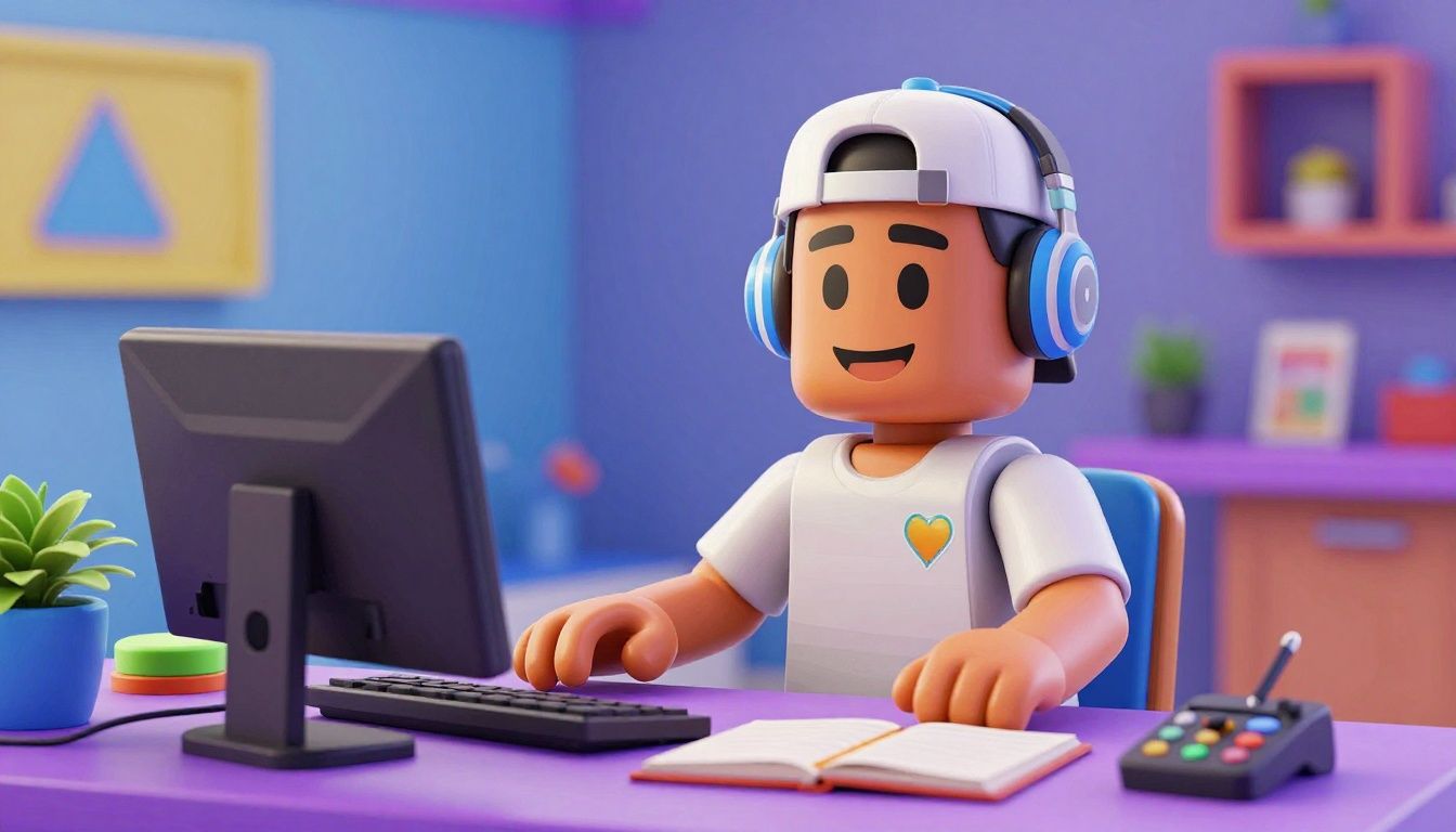 Um avatar criativo do Roblox em um ambiente colorido e vibrante