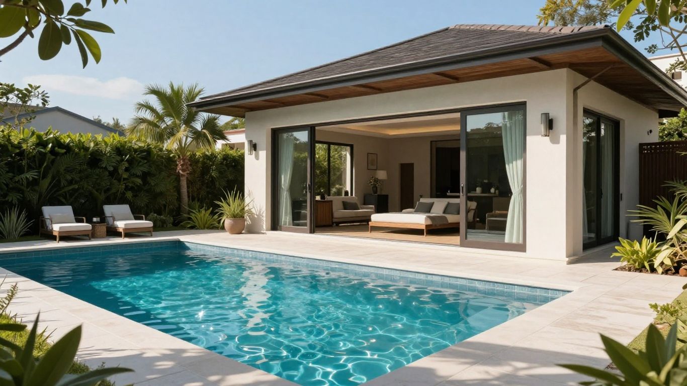 Modern pool house next to a swimming pool.