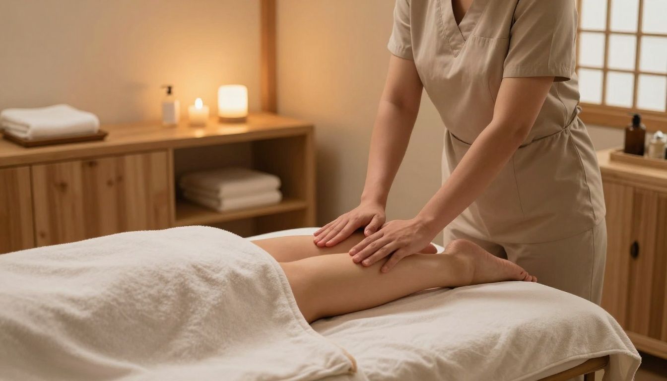 Photorealistic view of a serene private massage studio in downtown Palatine, soft linens, natural wood details, calming light, and a welcoming treatment space prepared for reflexology, no text, no logos, no AI aesthetic, gravity-respecting