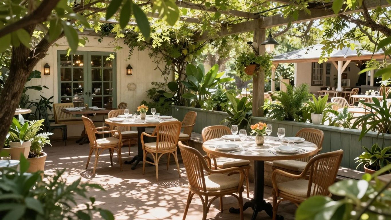 Outdoor patio dining at Mattie's restaurant in Austin.