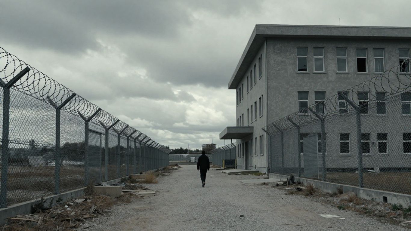 Detention center exterior with a solitary figure walking away.