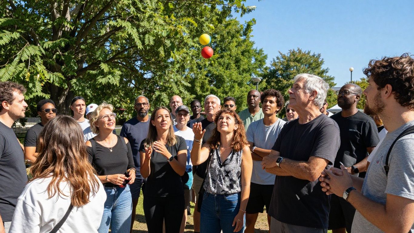 People connecting at a sunny outdoor community event.