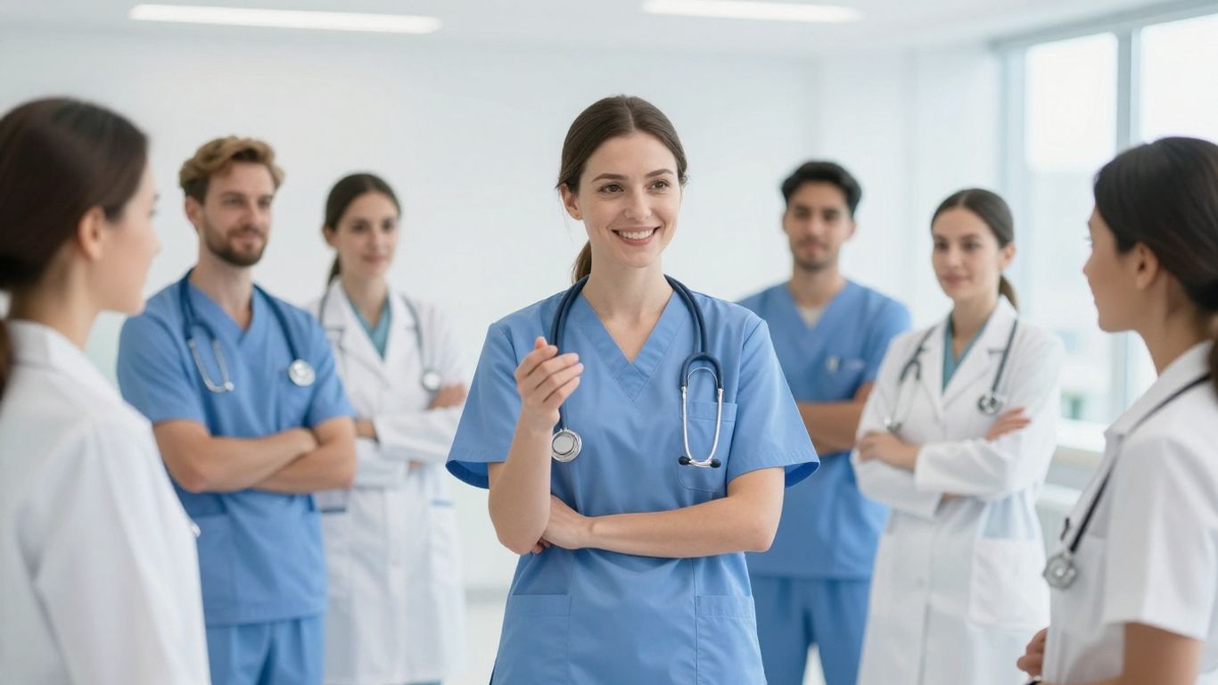 Pflegekräfte lächeln und helfen sich gegenseitig in einem Krankenhaus.