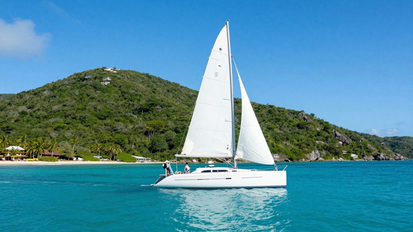 Catamaran sailing in the clear blue waters of the BVI.
