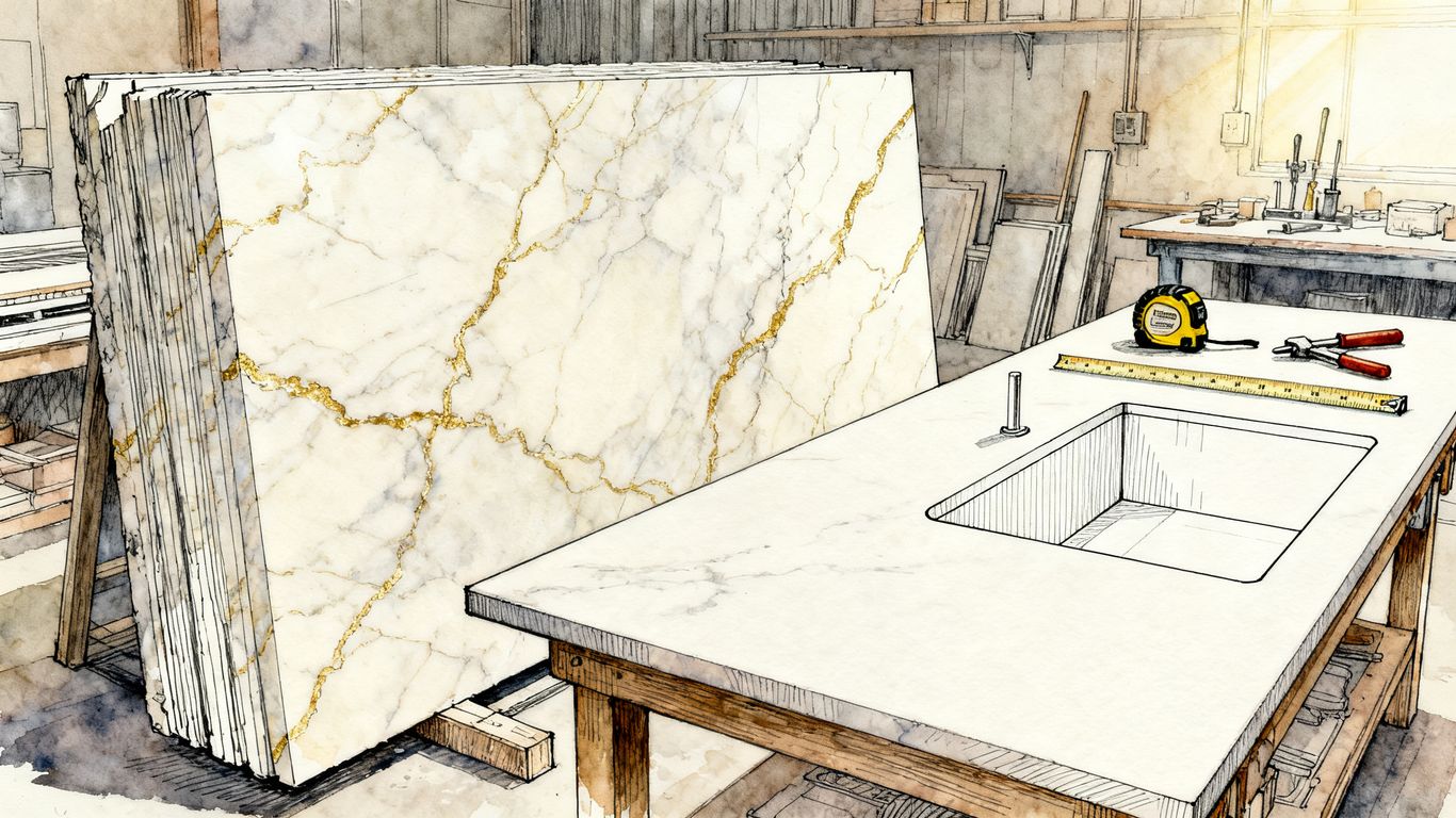 Marble slab beside countertop fabrication tools