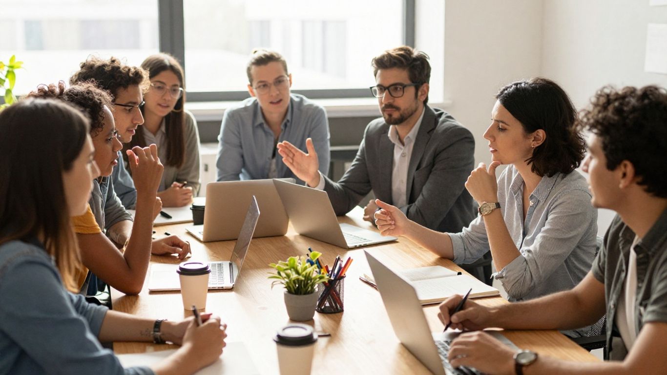 Professionnels apprenant et collaborant dans un environnement de formation.