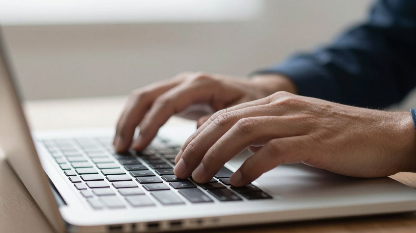 Mãos digitando em um teclado de laptop.