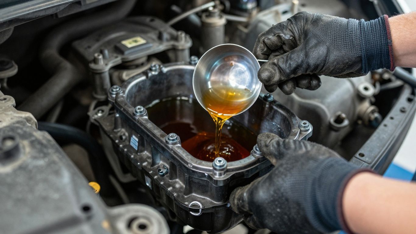 Mechanic removing transmission pan carefully